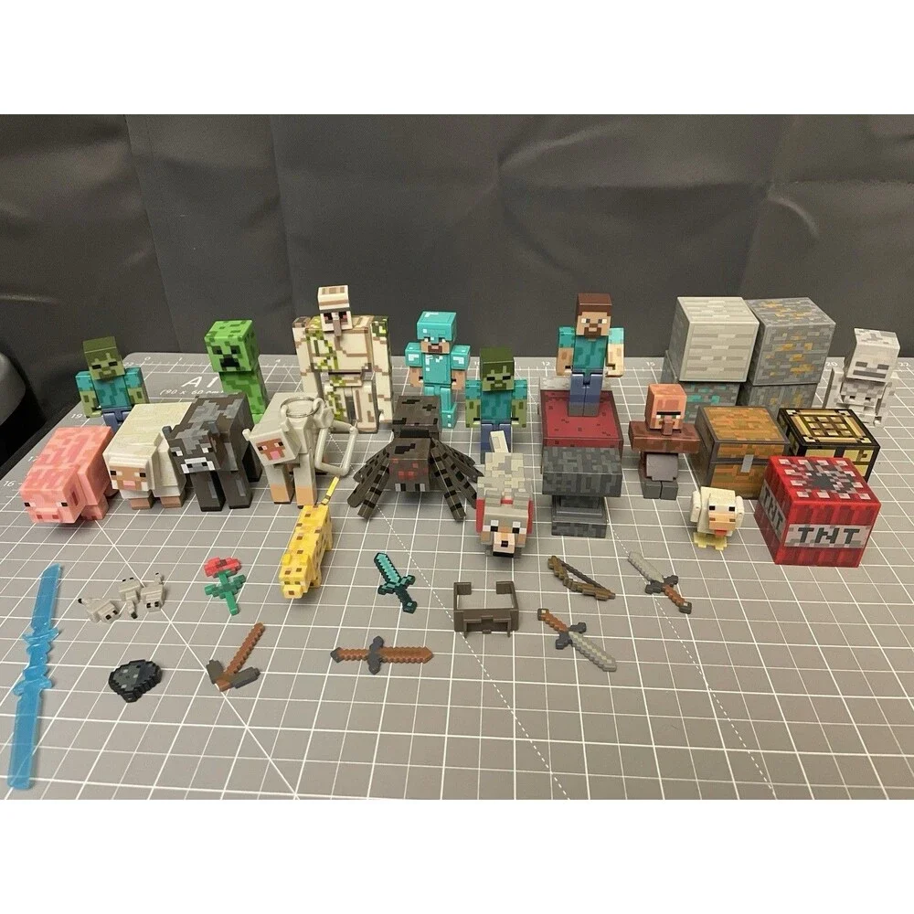 Minecraft Figures Lot Of 38 Animals Blocks Bed Weapons Jazwares Mojang